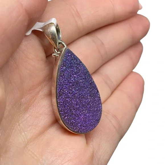 Purple Titanium Druzy Necklace Pendant 925 Solid Sterling Silver - Picture 5 of 6